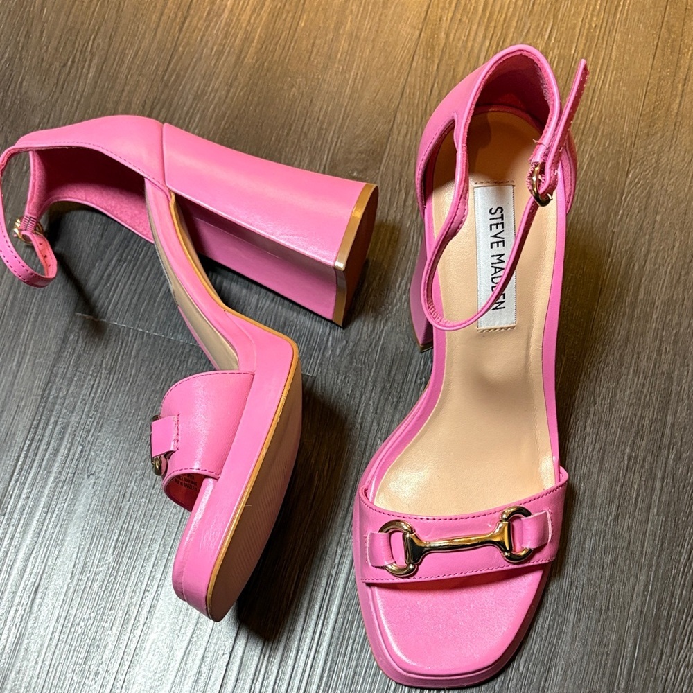 Steve Madden leather horsebit platform pink chunky square toe heels size 8.5 new - Picture 2 of 9